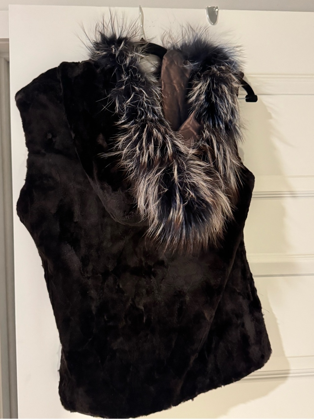 Faux Fur Hooded Vest in Dark Brown with Trim